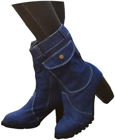 Bottes Courtes En Jean for Femme Bottines Printemps 2025 Booties Rétro À Talon Bloc Talons Hauts Élégants Ankle Boots Grande Taille Chaussures À Cheville Avec Fermeture Éclair Latérale(Blue,39 EU)