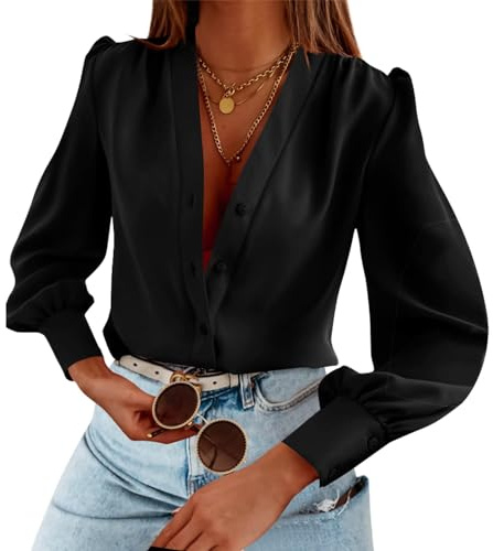 Imily Bela Camicia da donna in raso con scollo a V, camicia button-down a maniche lunghe, eleganti camicie, elegante camicia in chiffon, Nero , M