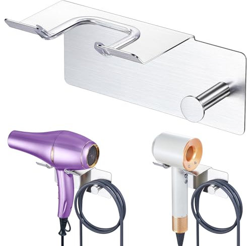 XILIMEN Hair Dryer Holder Wall Mounted, Blow Dryer Holder Adhesive, Stainless Steel Hairdryer Holder for Bathroom, Hair Tool Organizer with Plug&Cord for Cabinet Bathroom Bedroom Barber Shops