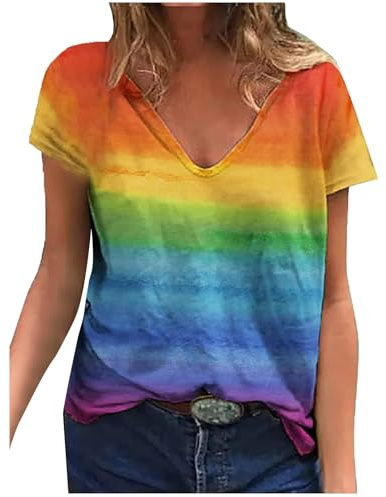 Haut en maille pour femme mode été décontracté col en V imprimé arc-en-ciel haut à manches courtes femme t-shirt femme pull d'équitation femme, Orange, XXL