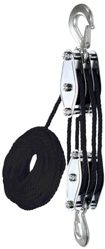 Rope Hoist - 2200 Lbs Pulley System, Ratchet Puller Rope | Heavy Duty 50FT Strong Rope Garage Hunting Hoist, Construction Warehouse Lifting Rigging, Manual Pulley Block for Outdoor Indoor Load Support