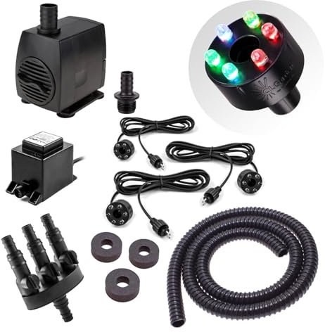 CLGarden Springbrunnen Pumpe Set mit 3X LED Beleuchtung Multicolor RGB für Wasserspiel Säulenbrunnen Kugelbrunnen Schlauch Wasserverteiler 1300 L/H