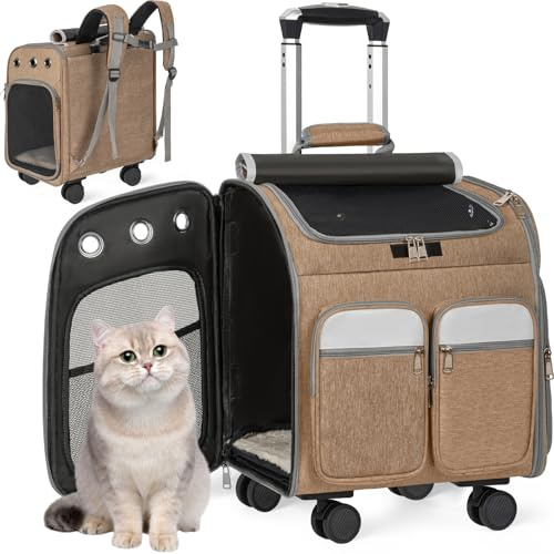 OUUTMEE Sac à Dos avec roulettes pour Chiens et Chats, Poussette de Voyage pour Animaux, Sac à Dos de Transport 2 en 1 avec Maille Respirant, Trolley pour Petit et Moyen Chats/Chiens (Kaki)