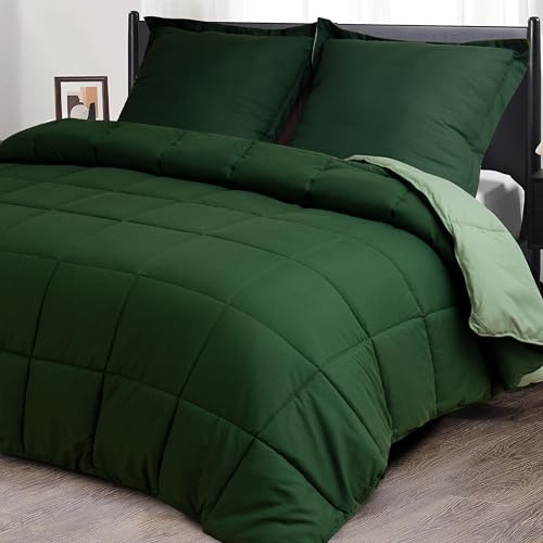 HIG Edredón de 3 piezas de 220 x 240 cm para cama de matrimonio – 200 g/m² suave microfibra reversible con 1 funda de almohada de 50 x 75 cm – Edredón acolchado ecológico para 4 estaciones (verde)