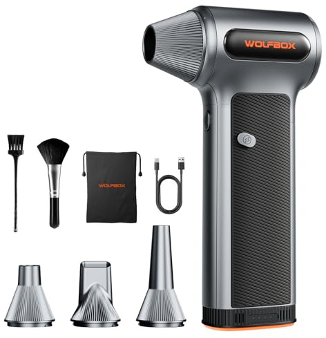 WOLFBOX MF200 Compressed Air Duster with Removable Battery, Super Power Cordless Blower - 3-Speed Adjustable, Long Life Mini Air Duster with 4 Nozzles for Computer Keyboard, Car Cleaning, Outdoor Use