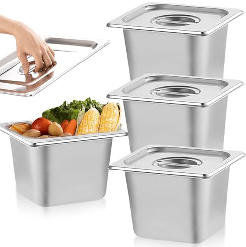 3 stycken gastronormbehållare rostfritt stål med lock, GN behållare 1/6 storlek 17,5 x 16,5 x 10 cm, panierskålar, 3-delad, stapelbar panierväg rektangulär för kött, fisk, grönsaker