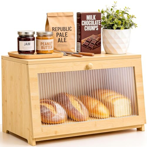 Mavivegue Bread Bin, Wooden Bread Bin for Kitchen Counter, Keep Bread Fresh, Large Capacity Breadbin Storage Container, Farmhouse Style Bread Box with Window Bread Holder, Bamboo, 15″ × 8.3″ × 9″