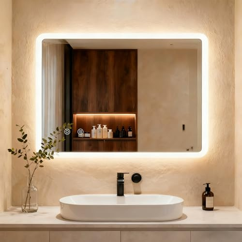 Clevich Miroir de Salle de Bain avec éclairage 80 x 60 cm, Miroir LED avec 3 Couleurs de lumière à intensité Variable, Verre trempé et Bord Mat, Interrupteur Tactile, Fonction mémoire, Anti-buée