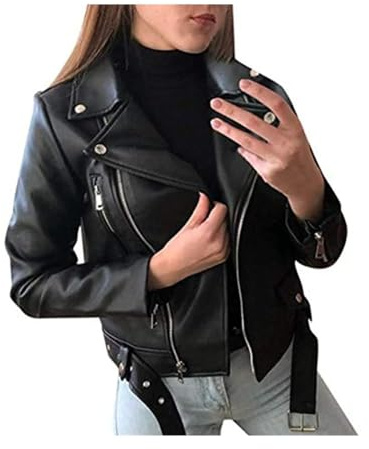 Generisk dam PU läderjacka bikerjacka med dragkedja, kort jacka med reverskrage, biker, motorcykeljacka, rock, trenchcoat, övergångsjacka, läderjacka dam, svart