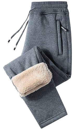 Mens Fleece Lined Joggers Bottoms Casual Straight Leg Sweatpants Work Trousers Elastic Waist Winter Warm Plush Training Pants Drawstring Tracksuit Bottom with Zip Pockets