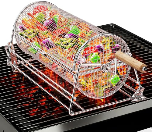 2-en-1 Cesta de Parrilla Rodadiza Rotativa, Acero Inoxidable 304 con Dobles Mangos de Manivela y Recto, Accesorios Barbacoa para Verduras Camarones, Regalo Idea Hombre Papá Esposo Cumpleaños