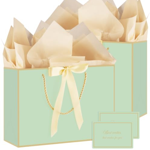 Mypartyco Gift Bags for Presents,2 Pack Birthday Gift Bag Green Paper Bags with 6 Tissue Paper, 2 Ribbon and 2 Cards for Women, Girls, Weddings, Showers and Retirement (Green Gold)