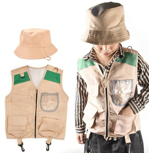 Générique 2026 Enfant Costume pour Enfants, Gilet, Chapeau avec Poches, Ensemble Gilet Cargo et Chapeau pour Camping, pêche, Exploration (Beige, 2-8 Years)