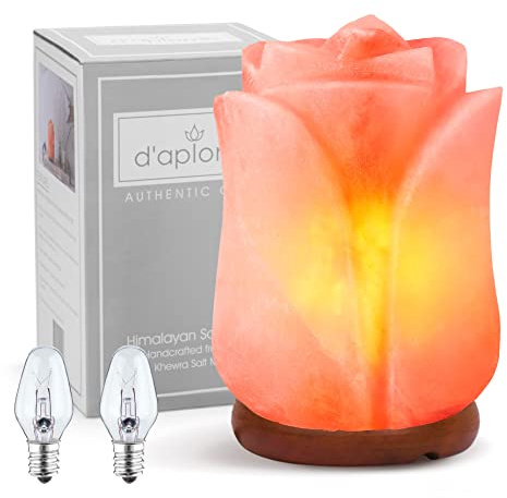 d'aplomb 100% Authentic Natural Himalayan Salt Lamp;Hand Carved Flower Rose Crystal Rock Salt from Himalayan Mountains; Dimmer Cord (Pink Flower)