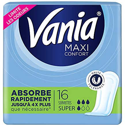 Vania - Serviettes Maxi Confort Super (lot de 5 paquets de 16 pièces) – Serviettes avec forme anatomique et cœur bombé absorbant – Protection hygiénique avec voile extra doux