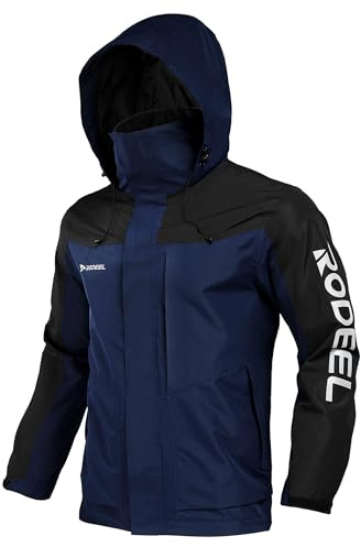 Rodeel Men's Waterproof & Windproof Jacket, Mens Shell Jacket Windbreaker with Foldaway Hood, Coat for Outdoor Camping Hiking Hunting Fishing