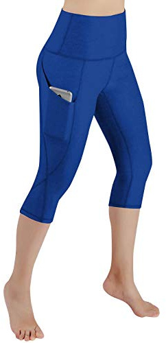 Voqeen Women's High Waist Yoga Pants Capri 3/4 Length Workout Running Leggings with Pockets Tummy Control Fitness Exercise Cropped Tights- Non-See-Through Fabric Blue