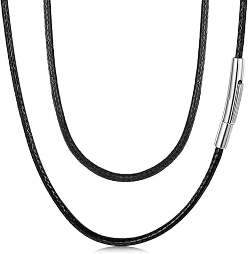 SULIUDAJI Collar de Cordón para Hombre Negro 2mm Cadena de Cuero con Cierre de Acero Inoxidable Collar Básico 70cm