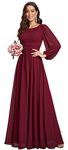 Ever-Pretty Women's Crewneck Long Lantern Sleeves Floor Length A-Line Pleated Chiffon Formal Dress Burgundy US14