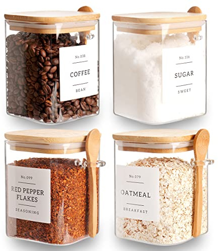 CZZGSM Set of 4 Square Glass Jar with Bamboo Lids and Spoons – Airtight 27 oz Borosilicate Glass Food Storage Contaienrs with 132 Kitchen Pantry Labels for Coffee, Tea, Sugar