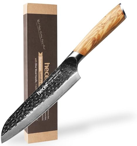 hecef Damastmesser Santoku Messer 18CM - Profi Kochmesser - Scharf Küchenmesser - 67 Schichten Damaststahl und Handgeschmiedetes Griff aus Olivenholz, Fleischmesser