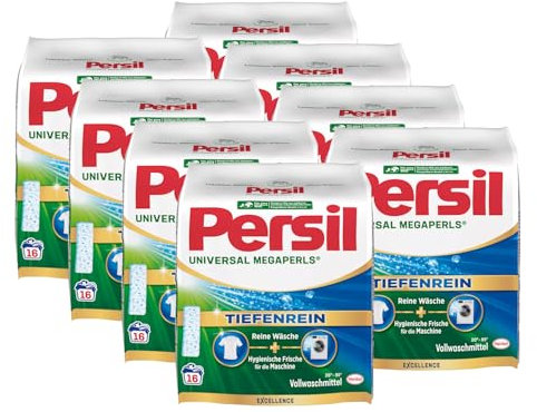 Persil Universal Megaperls 128 WL (8 x 16 Waschladungen), Vollwaschmittel mit Tiefenrein Technologie, Waschmittel für reine Wäsche & hygienische Frische für die Maschine, 20 °C bis 95 °C