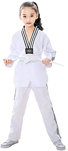 L SERVER Kimono de Karate para Niños y Niñas Profesional, Cómodo, Kimono de Judo con Cuello en V, Traje de Taekwondo con Cinturón, Blanco B, 10-11 Años