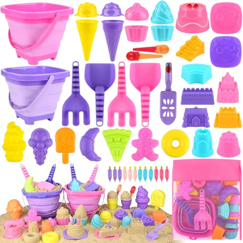 Joyreal 49 Pièces Glaces Jeux de Plage Enfant - Seau Plage Enfant, Bac a Sable Plastique Jouet de Plage avec Seau de Plage Pliable, Sac en Filet, Seau Pelle Rateau pour Enfants