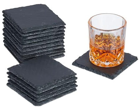 Relaxdays Juego, 10 x 10 cm Posavasos de Pizarra, Set de 16, Apoyavasos para Bebidas Cuadrados, Platos para Sushi, Antracita
