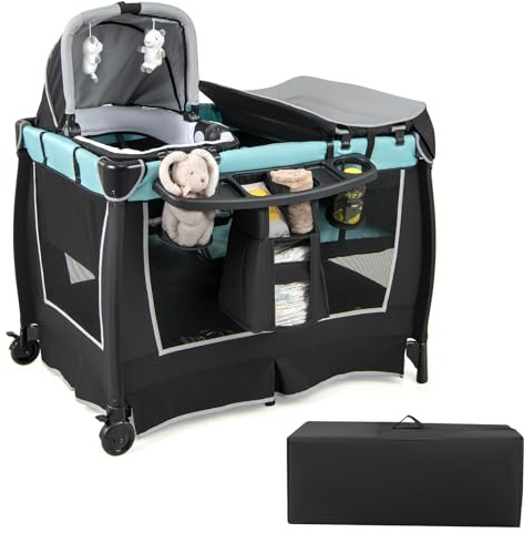 COSTWAY Cuna bebe 6 en 1, Centro de Cuidado para Bebés, Parque de Juegos Portátil para Bebés con Moisés Cambiador, Dosel Ajustable, Barra de Juguetes Caja de Música, Bolsa de Transporte (Azul)