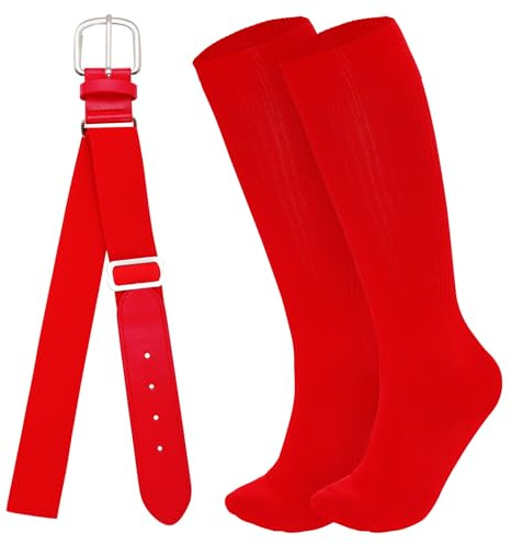 Dxhycc Youth Baseball Socks and Belt Combo Set Softball Baseball Socks and Elastic Waist Belt for Youth Boys Girls, Red