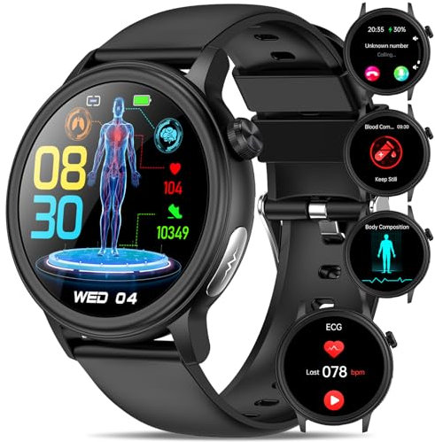 Orologio Smartwatch Uomo Donna 𝐆li𝐜𝐞𝐦𝐢𝐚 ECG+HRV/acido urico/BMI,1,4”con funzione telefono,pulsante SOS/pressione sanguigna/affaticamento/rilevamento delle emozioni/sonno,per Android iOS-nero