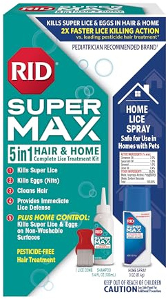 RID Super MAX 5-in-1: Hair & Home Complete Lice Treatment Kit, Kills Super Lice & Eggs in Hair & Home, 3.4 FL OZ Lice Shampoo + Nit Removal Comb + Home Lice Spray