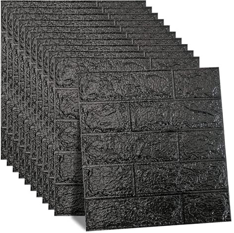 3D Wandpaneele Selbstklebend 10 Stück Ziegel Tapeten Steinoptik 35x 38.5 cm Steintapete Wandaufkleber Wasserdicht Wandtapete Klebetapete für Küche Schlafzimmer Badezimmer Wohnzimmer (Schwarz)