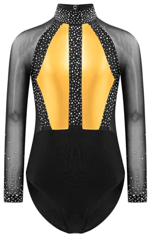 inlzdz Kids Girls Shiny Color Block Long Sleeve Gymnastic Ballet Dance Leotard Bodysuit Dancewear Gold 11-12 Years