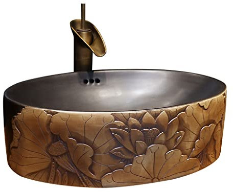 CCYENG Lavabo bajo encimera Lavabo de baño Lavabo de encimera de Arte Vintage Lavabo de cerámica Ovalado Lavabo de tocador con Grifo Lavabo de baño