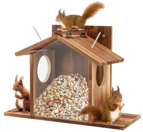 Wood Squirrel Feeder, Outside Squirrel House Box for Corn, Squirrel Picnic Table Feeder Box, Chipmunk Feeder Hold Corn, Corn Cob, Easy to Fill with Removable Front Panel, for Outdoors Winter Tree