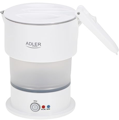 Adler Hervidor de Agua Plegable para Viaje AD 1377W, 2 Modos de Calentamiento, Portátil con Bolsa de Transporte, Acero inoxidable, Capacidad máxima de 0,6 LColor Blanco