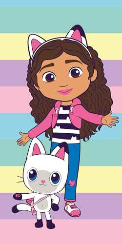 Jerry Fabrics Gabby's Dollhouse Colors Grande serviette de plage 70 x 140 cm | Serviette douce et absorbante 100 % coton pour enfants | Design multicolore vif | Serviette de bain, piscine et plage |