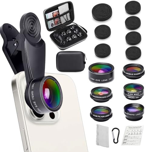 Kit universal de objetivos para teléfono móvil 7 en 1, incluye lente de ojo de pez de 198 ° 15 x lente macro de 0,63 x gran angular CPL Star filtro lente con accesorios de grabación para smartphone