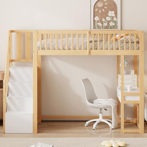 Moimhear Cama Alta con Mesa Multifuncional, Escalera de Almacenamiento Segura, Estructura de Cama de Madera Maciza de Pino para niños y Adolescentes (90x200cm, Color Madera+Blanco)