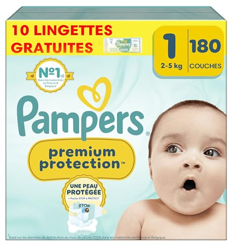 Pampers Premium Protection Taille 1, 180 Couches + 10 Lingettes Harmonie Aqua, 2-5kg, Double Protection pour la peau et contre les fuites