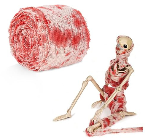 Halloween-dekoration läskigt blodtyg 10 m x 8 cm, CARGEN bandage för en mumidräkt, läskig falsk blodig rekvisita chiffonggardin för trapphus inomhus dörr