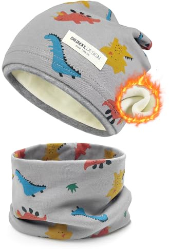 beifon Kinder Beanie Mütze & Loop Schal Set, 95% Baumwolle Mütze Schal Set Mädchen Jungen 2-8 Jahren, Schlauchschal Warme Wintermütze Strickmützen für Herbst Winter Frühling (gefüttert)