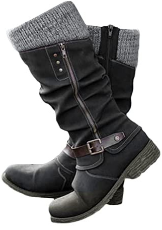 Minetom Bottes Femmes Doublure Chaude Hiver En PU Cuir Souple Bottines Plats Boots Cavalière Larges Fermeture Éclair Bootes Équestres B Marin 40 EU