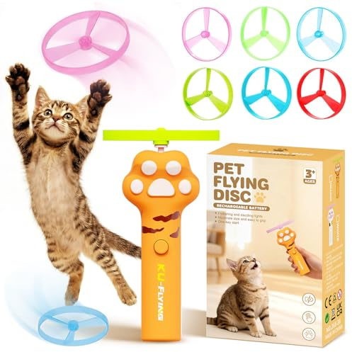 DOLLGIFT Cat Fetch Toy, Rechargeable Flying Disc Launcher with 6 Colourful Flying Discs, Interactive Cat Chasing Toy for Indoor Cats Kitten, Yellow