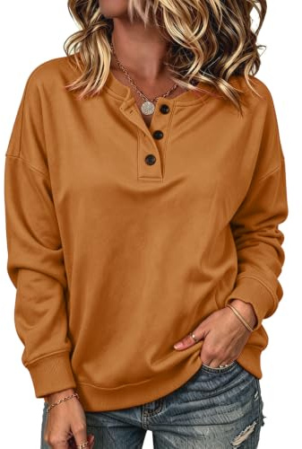 SMENG sweatshirt för kvinnor UK långärmad ledig knapp t-shirts, A-khaki, L