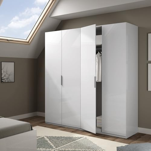 Dmora - Grande Garde-robe Knoxville, Armoire de chambre avec 4 portes battantes, Armoire avec 2 étagères et tringle à vêtements, 180x52h200 cm, Blanc