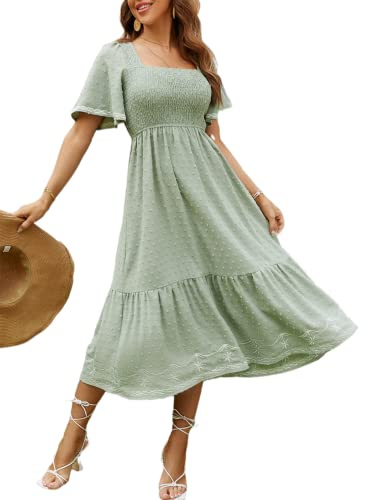 Glamaker Women's Summer Casual Short Sleeve Smocked Square Neck A Line Flowy Midi Dress Midi Dress