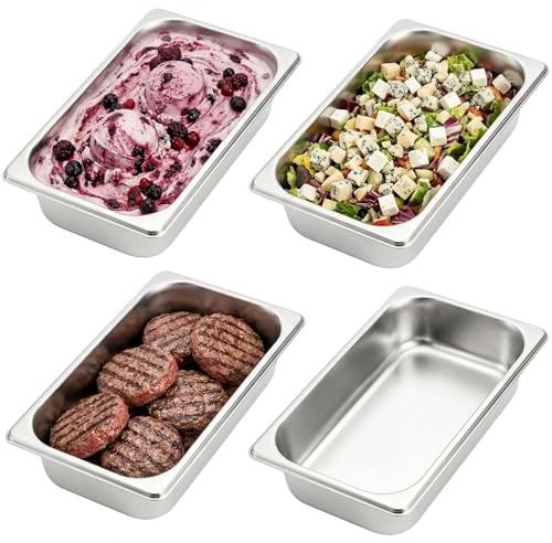 TOPZEA Set of 4 Stainless Steel Steam Table Pan 1/3 Size, 63mm Height Breading Tray, Buffet Dinner Food Serving Hotel Pan for Food Warmer, Preparing Bread-Crumb Dish, Marinating Meat, Capacity:2.4 L